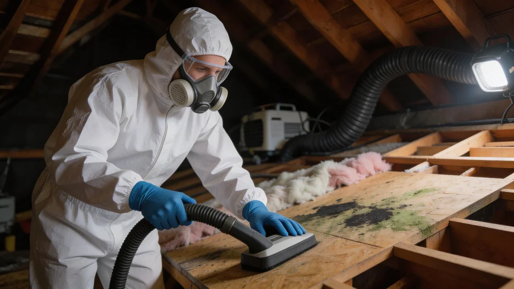 Certified technician in Tyvek PPE performing attic mold remediation on contaminated roof decking in Bronx NY multi-family residential building