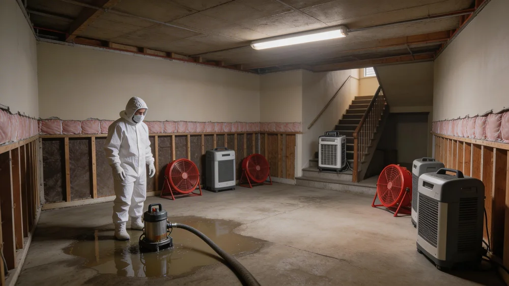Advanced DRI technician in PPE extracting standing water from flooded Bronx basement, two-foot flood cuts exposing wet framing and insulation, commercial dehumidifiers and HEPA air scrubbers deployed for Category 3 water damage restoration, Bronx NY 10457