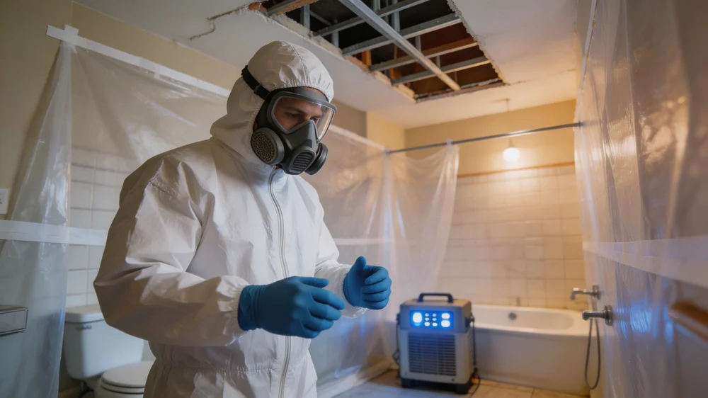 New Hampton Restoration certified technician performing mold remediation inside 6-mil containment with HEPA air scrubber, South Bronx residential bathroom