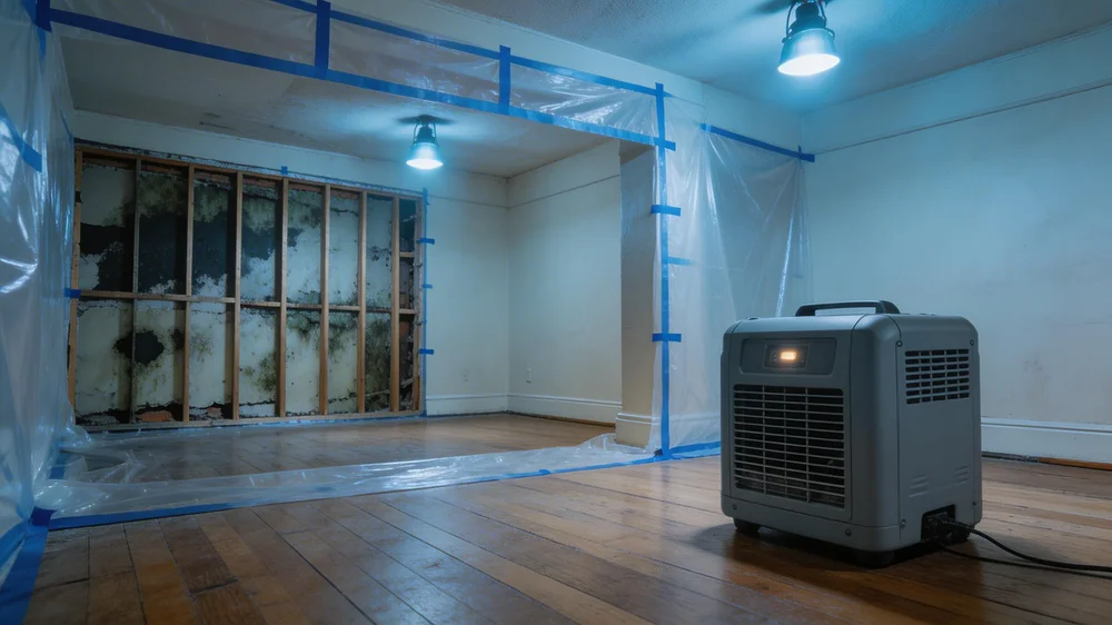 HEPA air scrubber and containment setup during mold remediation of hidden plumbing leak wall cavity damage at Bronx NY 10454 residential property — New Hampton Restoration