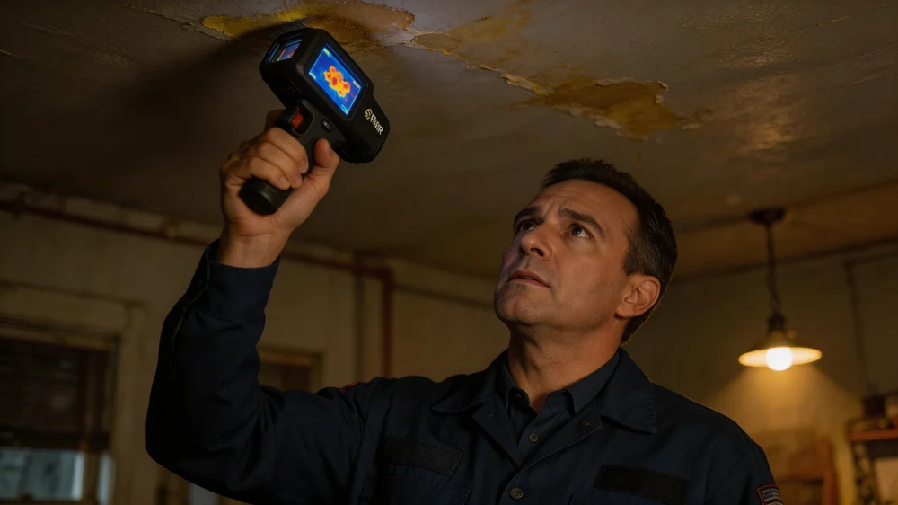 Water damage restoration technician using FLIR infrared thermal camera for moisture mapping in Bronx NY apartment ceiling after supply line failure
