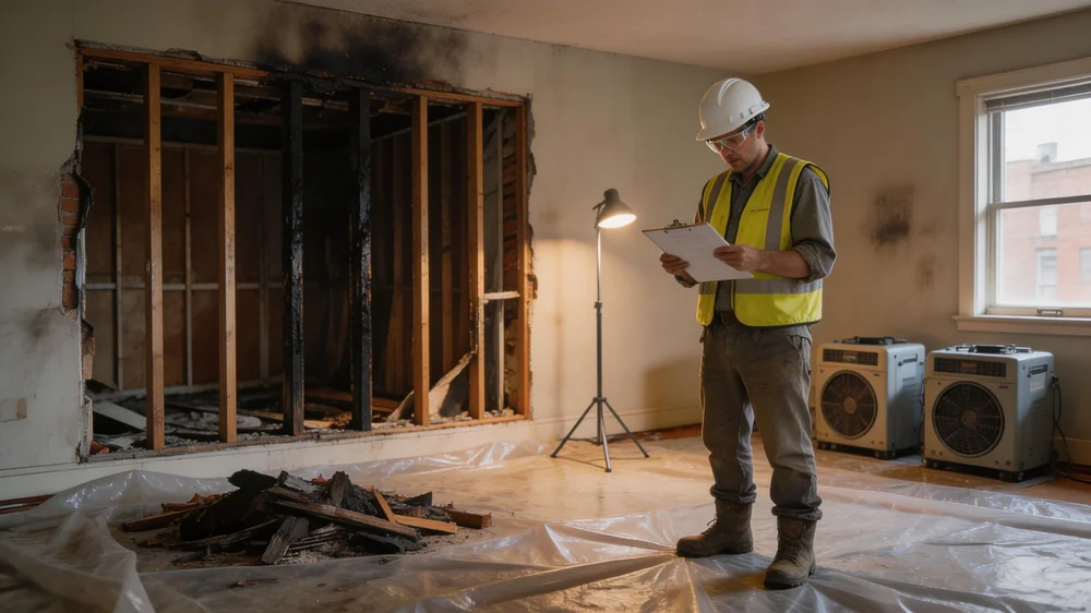 Advanced DRI reconstruction specialist assessing smoke-damaged interior with exposed charred framing during fire damage restoration at Garcia residence in Bronx, NY 10462